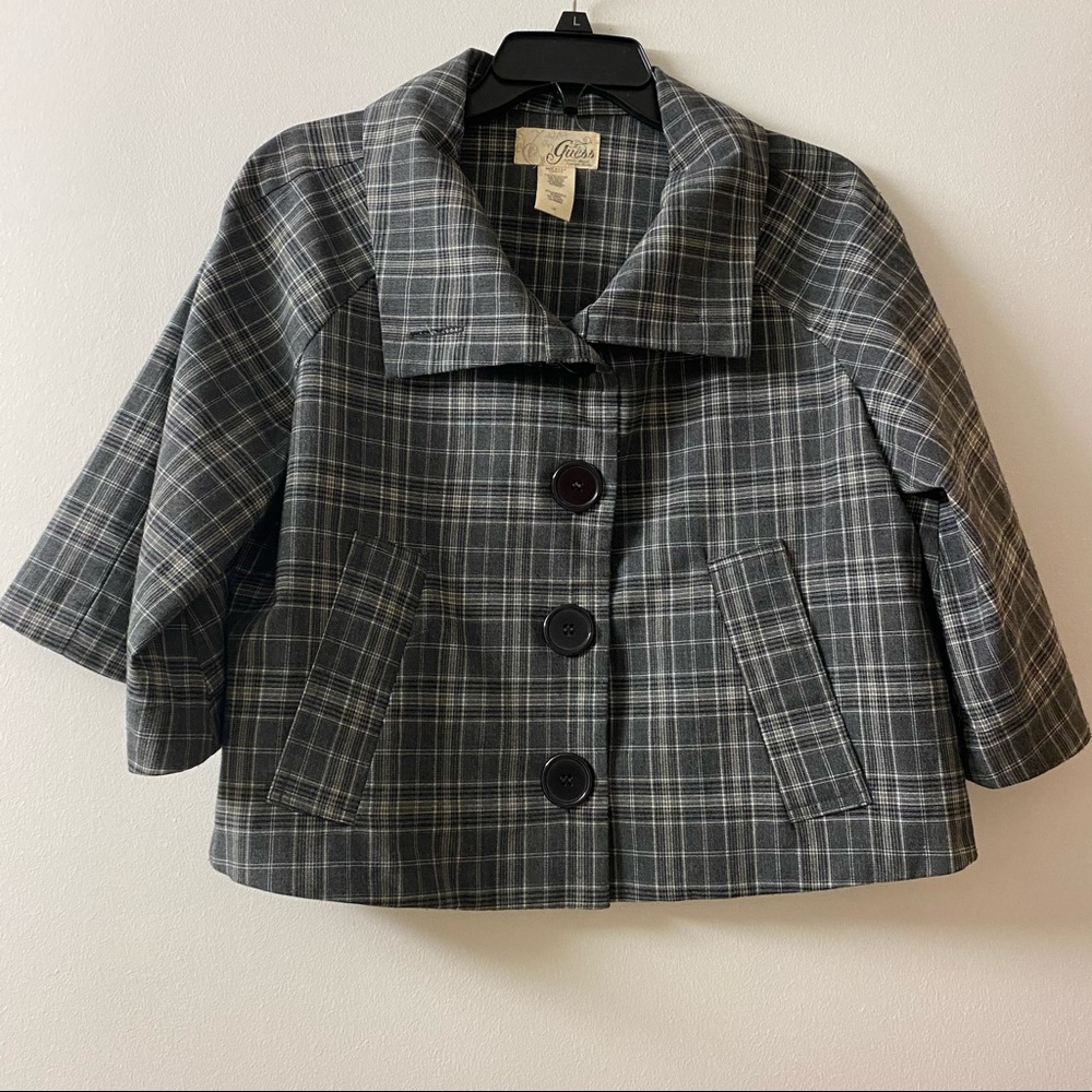 Guess | Gray Plaid Collar Crop Bell Sleeve Button Down Blazer, L